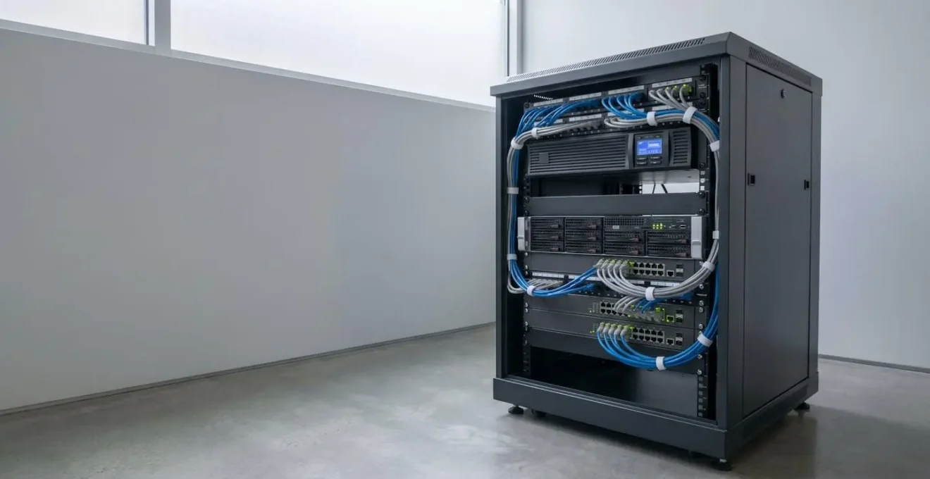 Baie technique d'entreprise avec onduleur rack protégeant serveur et équipements réseau dans un local organisé