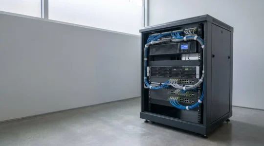 Baie technique d'entreprise avec onduleur rack protégeant serveur et équipements réseau dans un local organisé