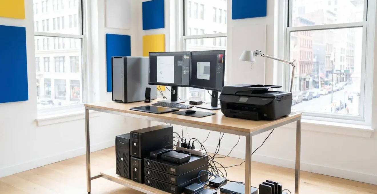Poste de travail professionnel avec ordinateur, écrans et imprimante dans un bureau moderne